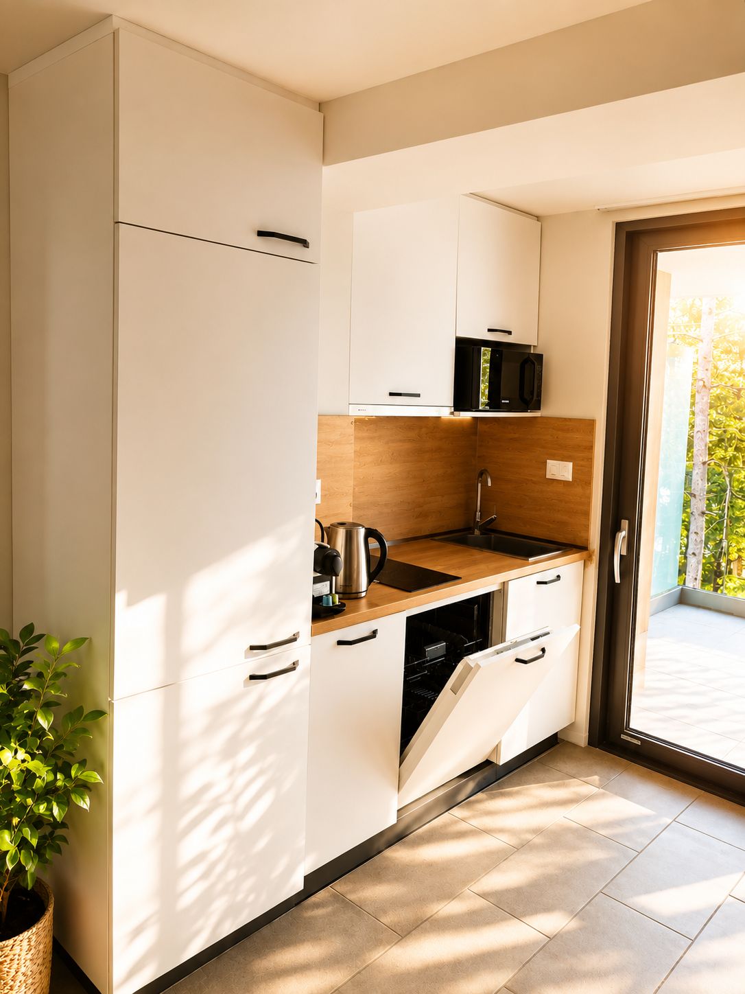 A compact kitchen with white cabinets, a microwave, a kettle, and a dishwasher.