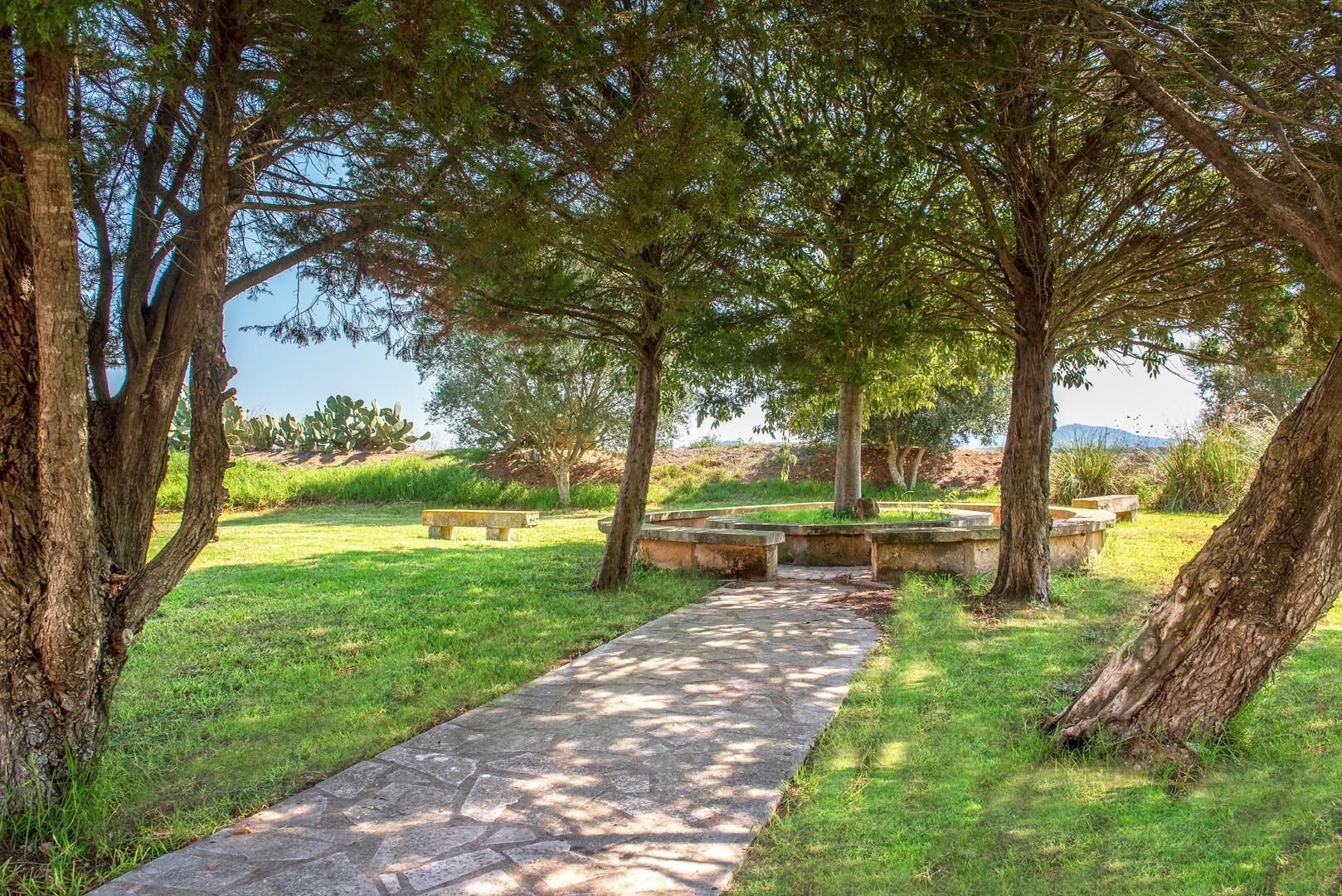 Un chemin de pierre qui traverse un parc, avec des bancs et des arbres.