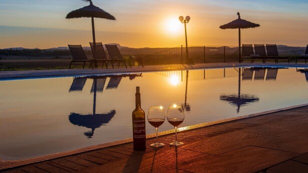 An infinity pool with lounge chairs and umbrellas, a bottle of wine, and two glasses on the edge. - Agritourism SA Franquesa Vella (Vilafranca de Bonany)