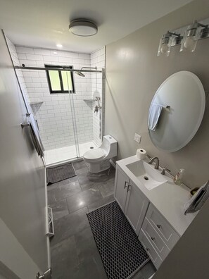 Un baño moderno con ducha, inodoro, lavamanos y espejo.