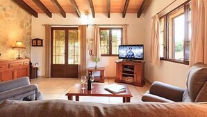 Ett mysigt vardagsrum med en tv, en soffa, ett soffbord och en öppen spis.