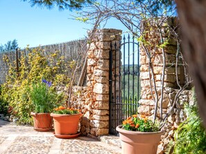 Un mur de pierres avec un portail en métal, des plantes en pot ornées de fleurs et, au fond, une clôture en bois.