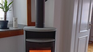 Eine moderne Küche mit eingebautem Holzofen, einem Blumentopf und einem weißen Schrank.