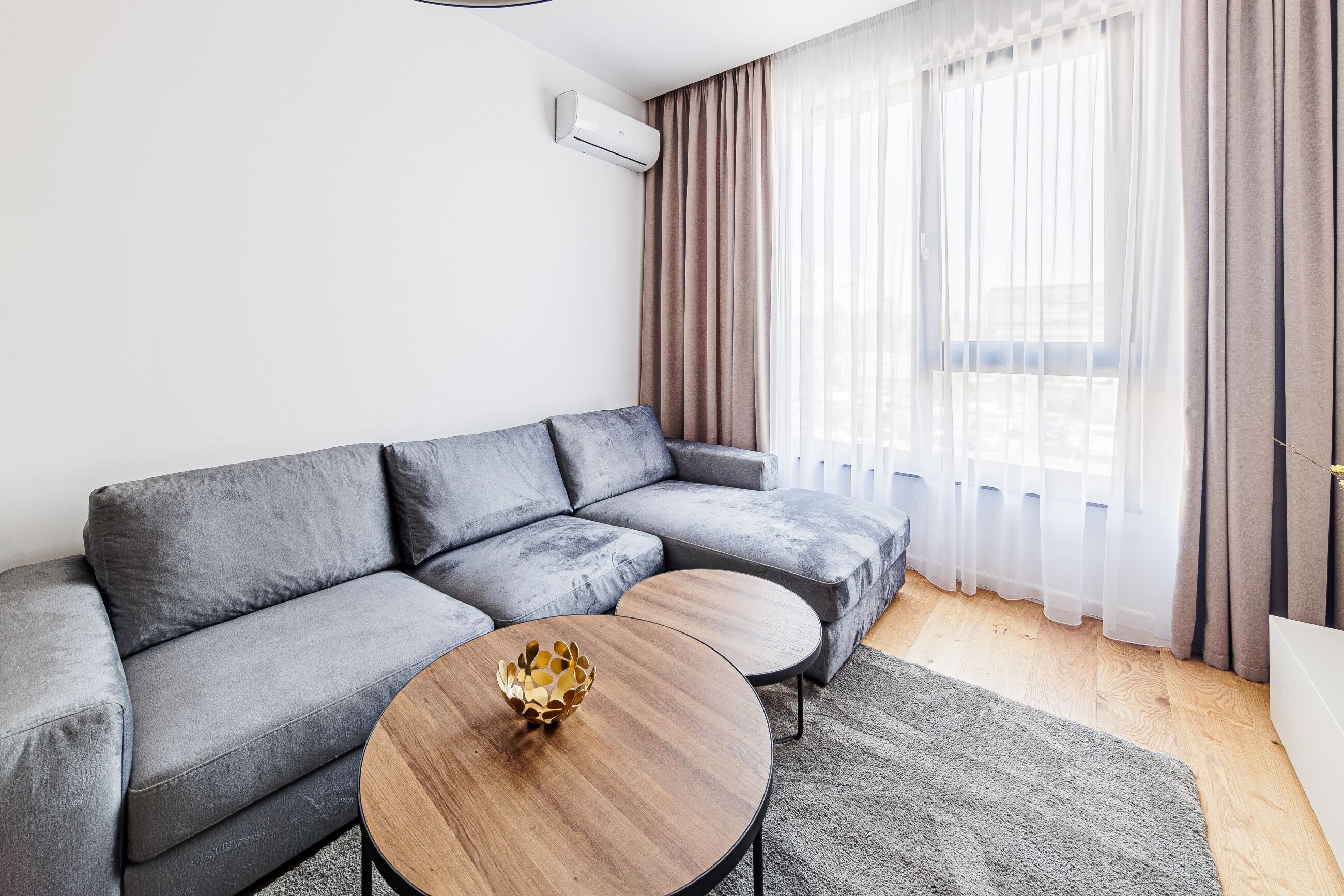 A modern living room with a grey sectional sofa, a round wooden coffee table, and a grey rug.