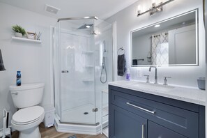 Shower, hair dryer, towels, toilet paper