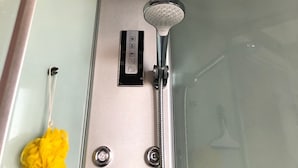 A modern shower with a handheld showerhead, a control panel, and a glass-enclosed shower area.