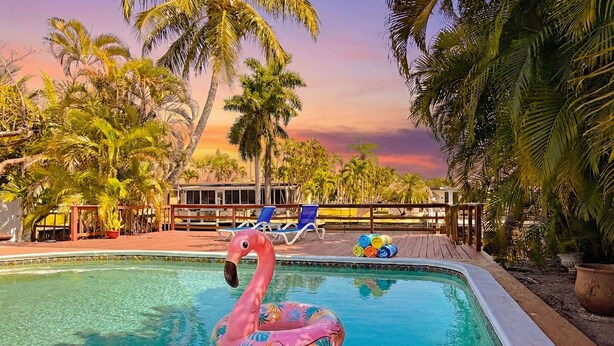 Ein Swimmingpool mit einem rosa Flamingo-Schwimmpfaugel, umgeben von Palmen und einer Holzterrasse mit Liegestühlen.
