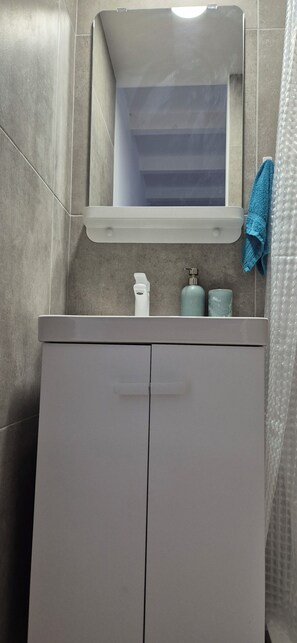 Shower, towels, soap, toilet paper