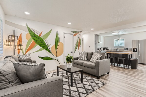 Smart TV, fireplace, books