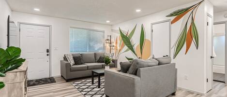 Smart TV, fireplace, books