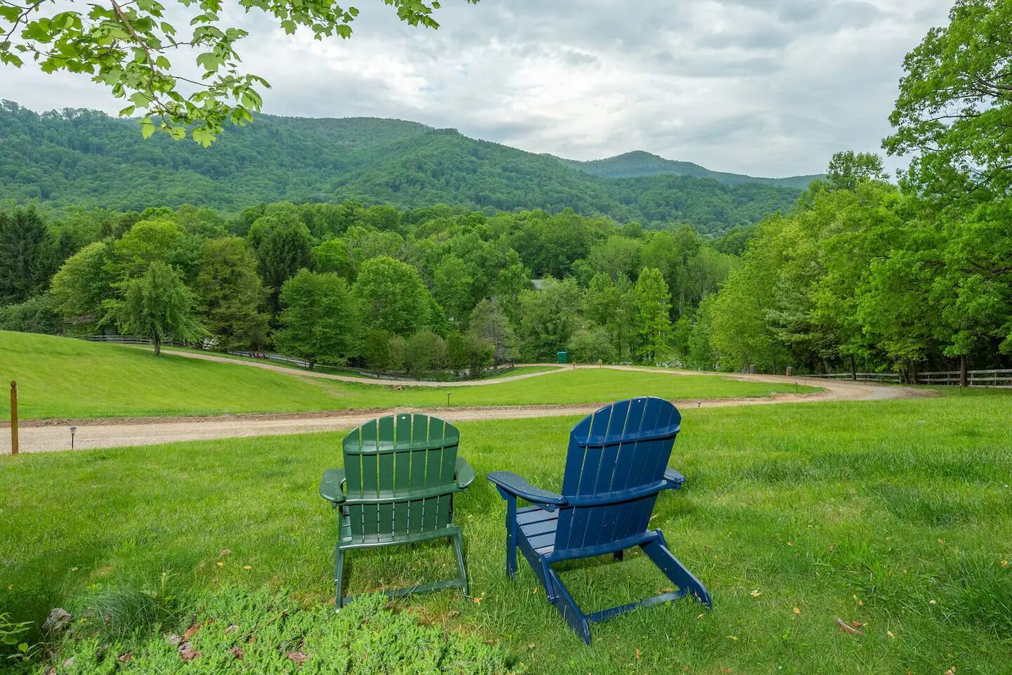 Dos sillas Adirondack en un campo de césped con montañas al fondo.