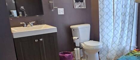 A bathroom with a dark wooden cabinet, a white sink, a toilet, and a shower area. There are wall-mounted lights and a patterned curtain.