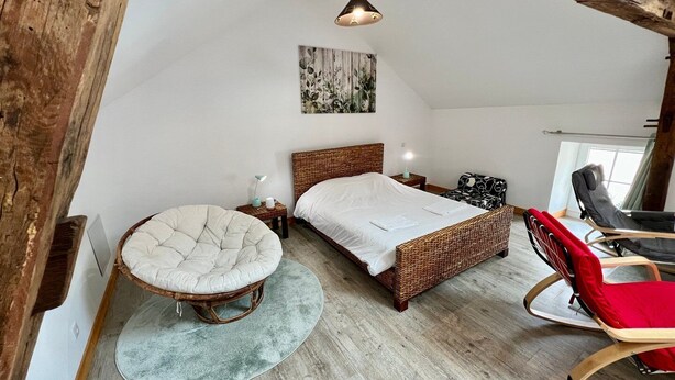 Un dormitorio con una cama grande, un sillón redondo, una mecedora y una lámpara colgante.