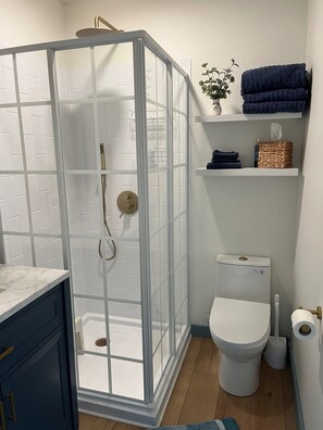 Un baño moderno con ducha envuelta en vidrio, inodoro blanco y encimera de mármol.