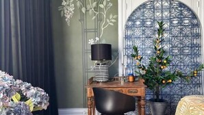 Una habitación con escritorio, silla, planta en maceta y cama con colcha estampada.