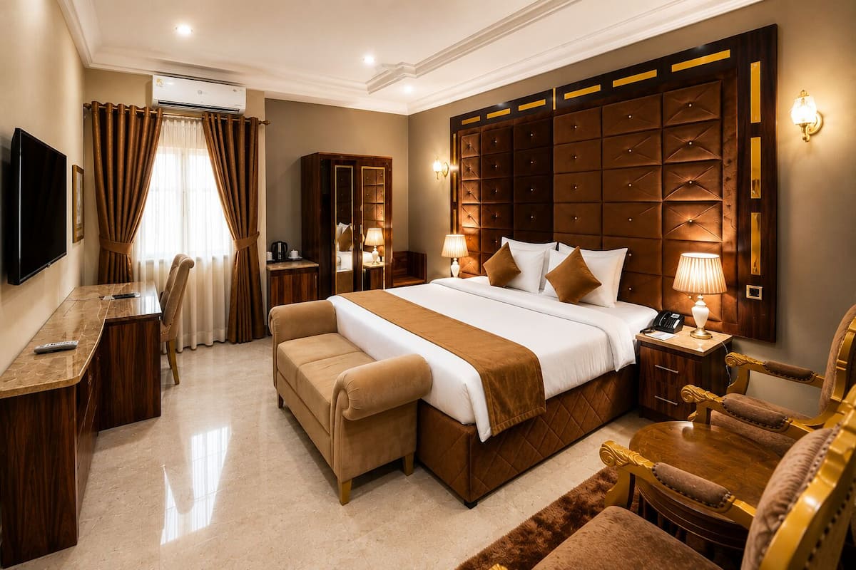 A hotel room with a large bed, a desk, a chair, a TV, and a wardrobe.