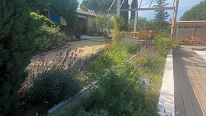 A garden with a wooden pergola, various plants, and a pathway. - 140 M2 architect-designed house in a quiet cul-de-sac. (Vaison la romaine)