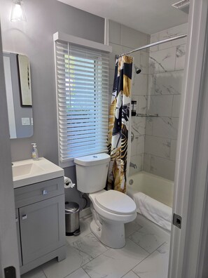 Hair dryer, towels, soap, toilet paper