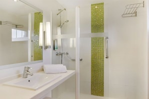 Hair dryer, towels, soap, shampoo