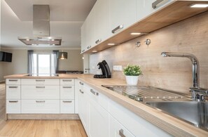 A modern kitchen with white cabinets, a wooden countertop, stainless steel appliances, and a built-in sink. - Ferienhof Seelust (Fehmarn)