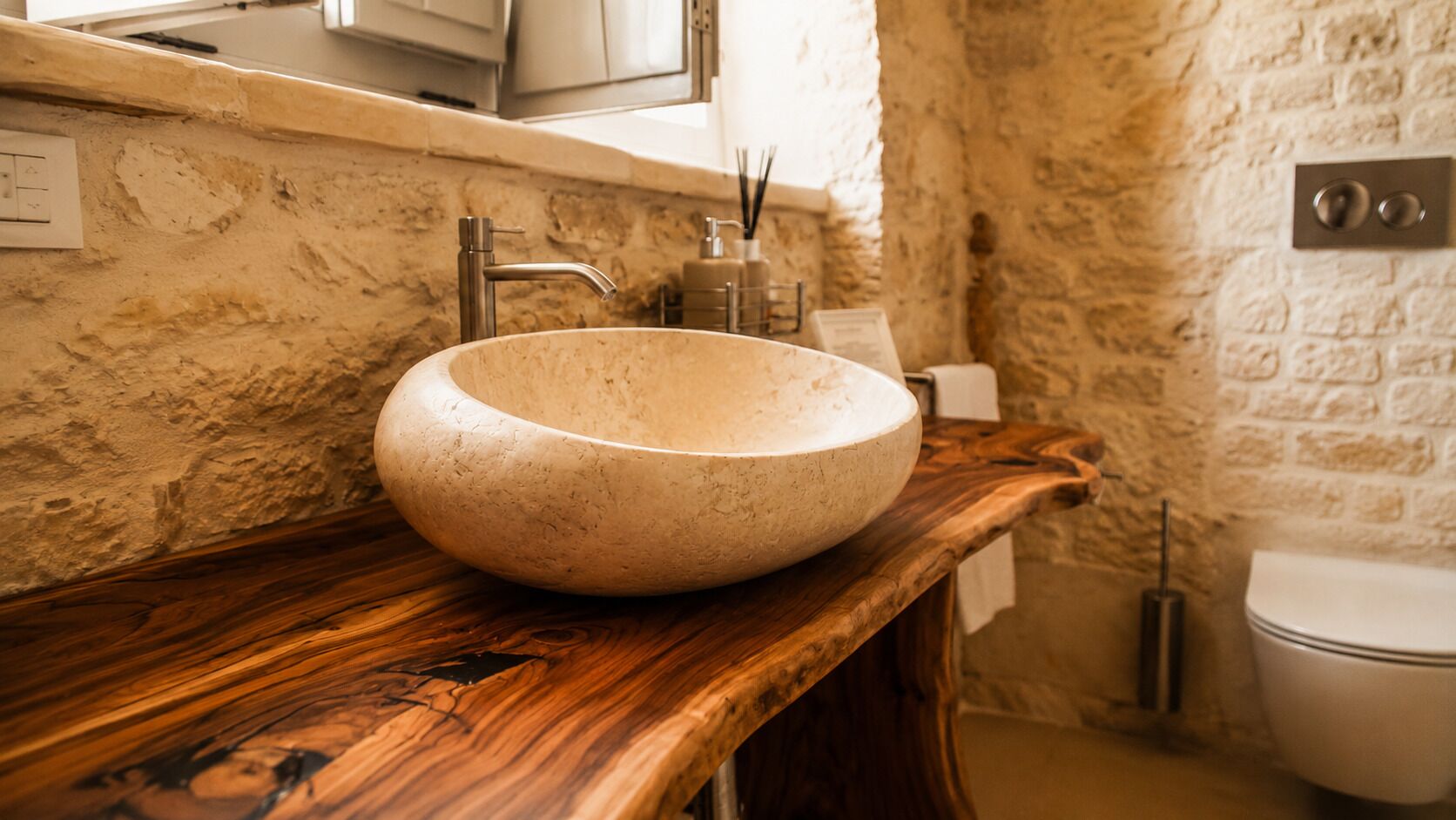 A bathroom with a stone sink, wooden countertop, and a white toilet.