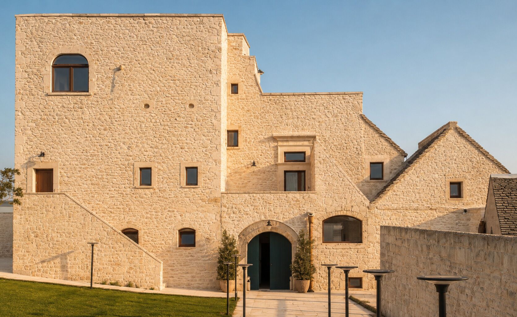 A stone building with a central entrance, multiple windows, and a staircase leading to the entrance.