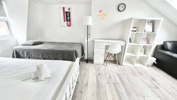 5 bedrooms, desk, laptop workspace, iron/ironing board