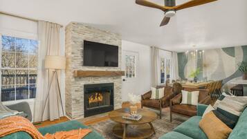 Smart TV, fireplace, video games, foosball