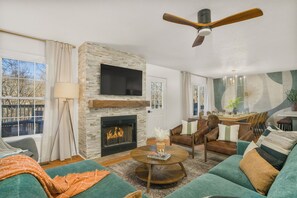 Smart TV, fireplace, video games, foosball