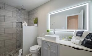 Douche, séchoir à cheveux, serviettes fournies, savon