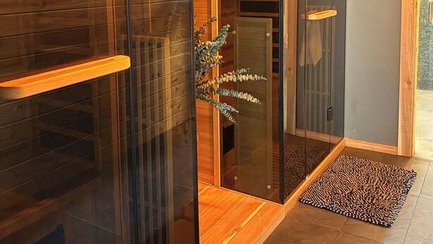A modern interior with wooden paneling, glass doors, and a small plant.