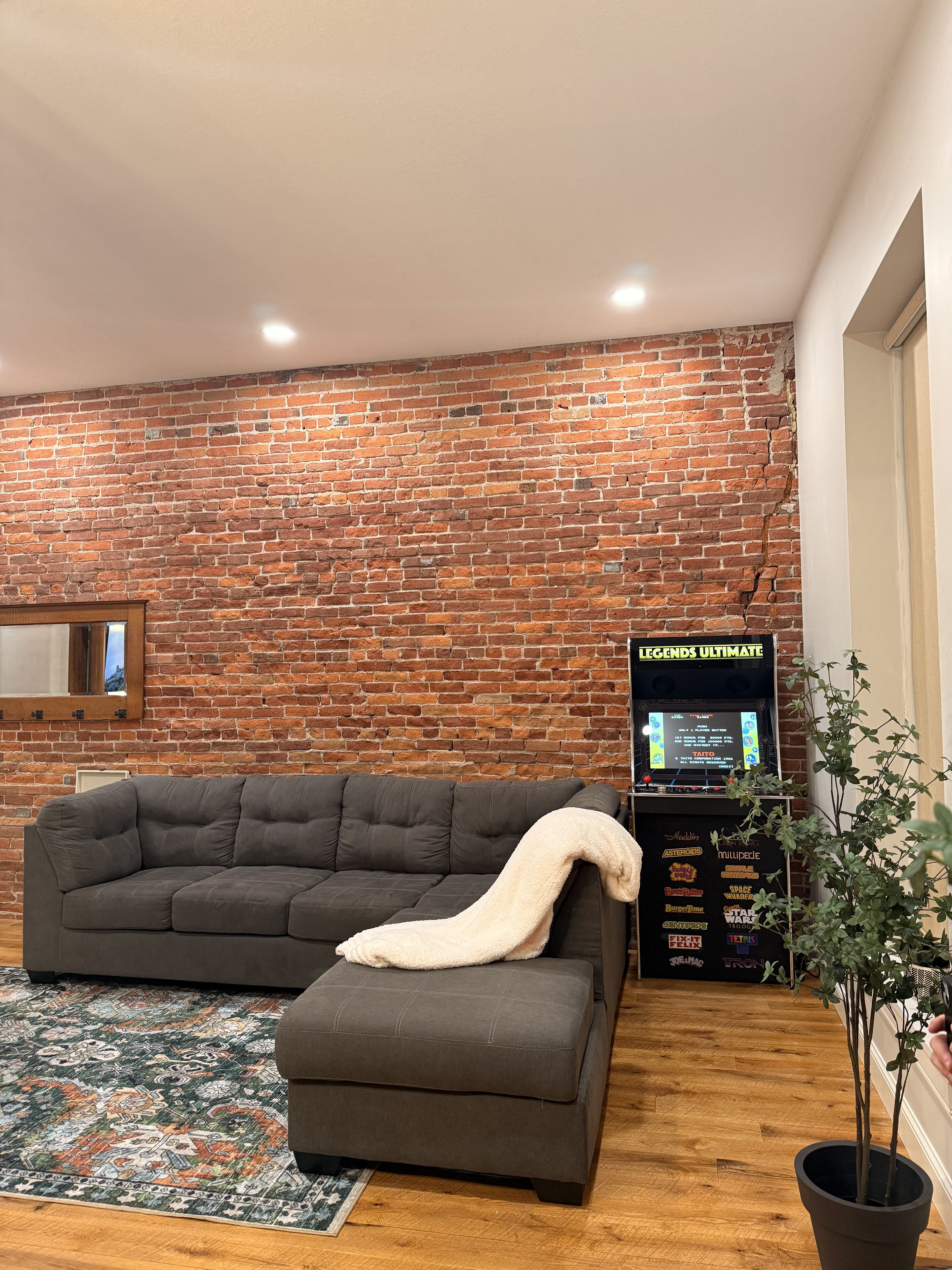 Een woonkamer met een bakstenen muur, een grijze bank, een witte plaid, een kamerkleed met patroon, een kamerplant en een videospelconsole.