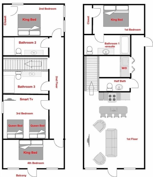Plano de un hotel que muestra los cuartos y baños del cuarto y primer piso, incluyendo dos y tres dormitorios, tres baños, un balcón y una sala de lavandería.