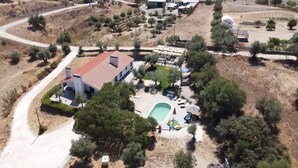 Oversigtsbillede af en ejendom med swimmingpool, overdækket terrasse og et stort hus med rødt tag.