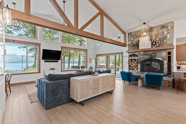 Smart TV, fireplace, books, music library