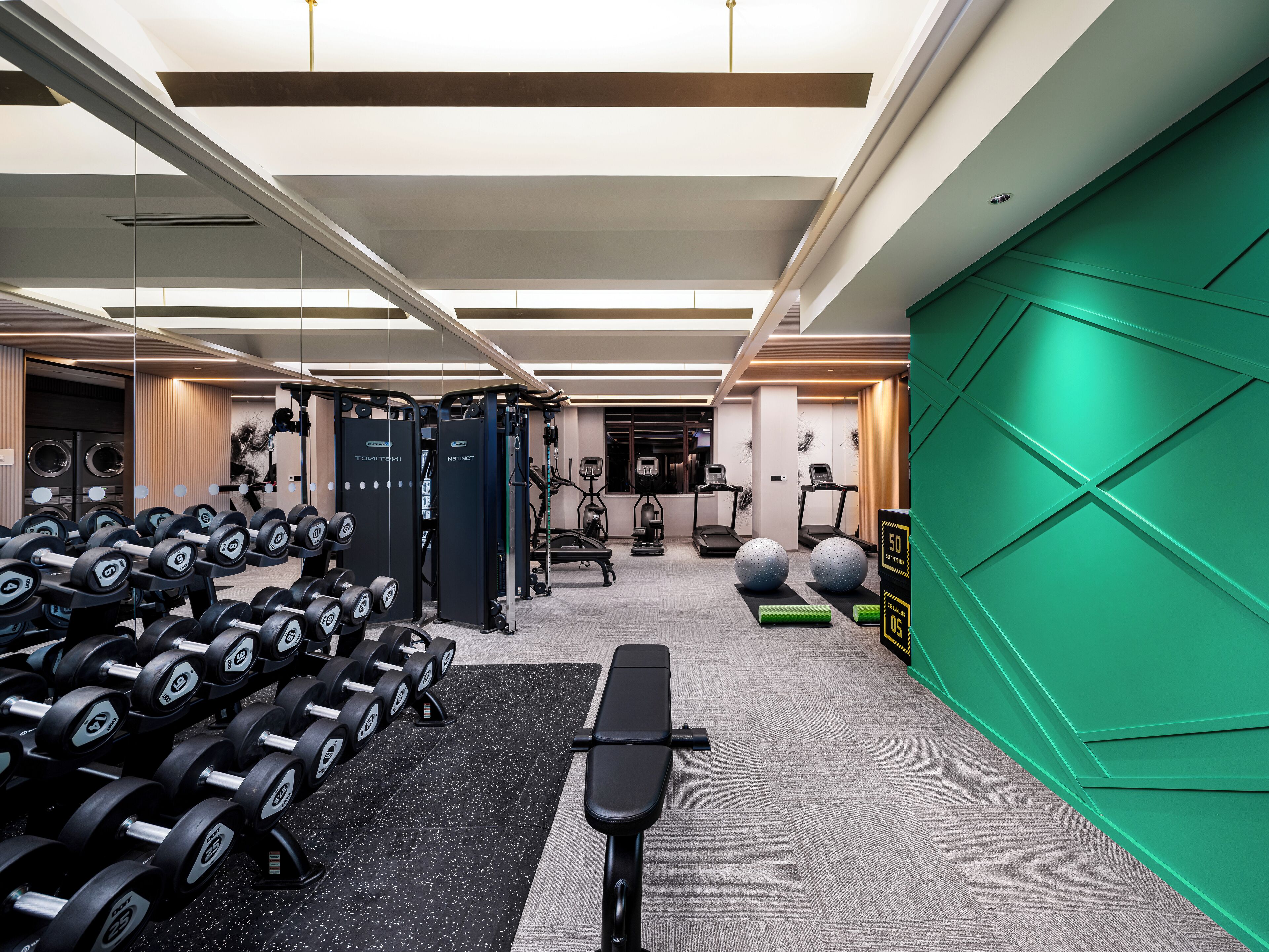 A gym with weightlifting equipment, treadmills, and exercise balls.