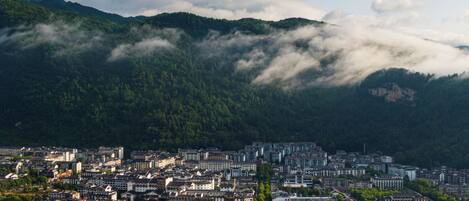 A cityscape with dense urban buildings, a river, and mountains in the background.