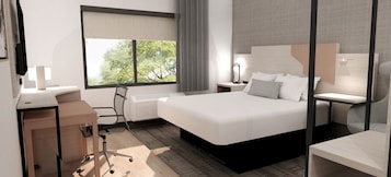 Escritorio, espacio para trabajar con un portátil, cortinas opacas