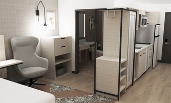 Escritorio, espacio para trabajar con un portátil, cortinas opacas