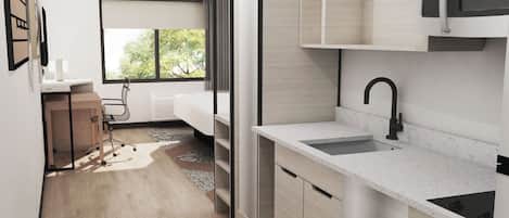 Desk, laptop workspace, blackout drapes, iron/ironing board