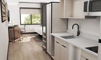 Escritorio, espacio para trabajar con un portátil, cortinas opacas