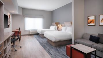 Desk, laptop workspace, blackout drapes, iron/ironing board