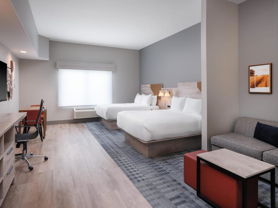 Desk, laptop workspace, blackout curtains, iron/ironing board