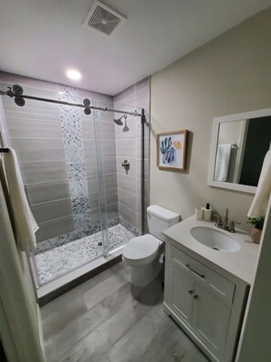 Shower, hair dryer, towels, soap