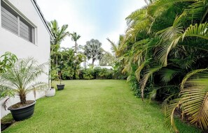 A well-maintained grassy yard with a white building on the left and lush tropical plants on the right.