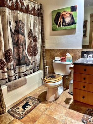 Hair dryer, towels, soap, toilet paper