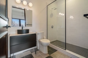 Hair dryer, towels, shampoo, toilet paper