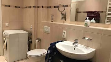 Hair dryer, towels, toilet paper