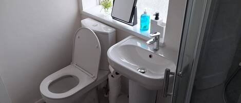 A modern bathroom with a toilet, sink, and shower.