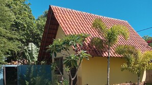 Una casa con techo de tejas rojas, camino de entrada pavimentado y pequeño jardín con árboles y arbustos.
